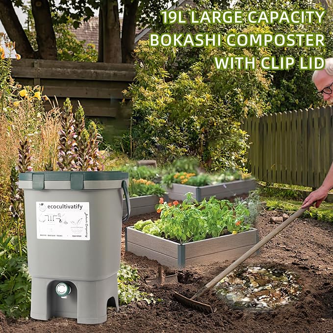 18.8L Bokashi Bucket with Snap-Locked Lid, 5 Gallon Compost Bin, Kitchen Composter with Bran, Kitchen Compost Pail, ecocultivatify Bokashi Kit Set with Starter (Grey & Dark Green)