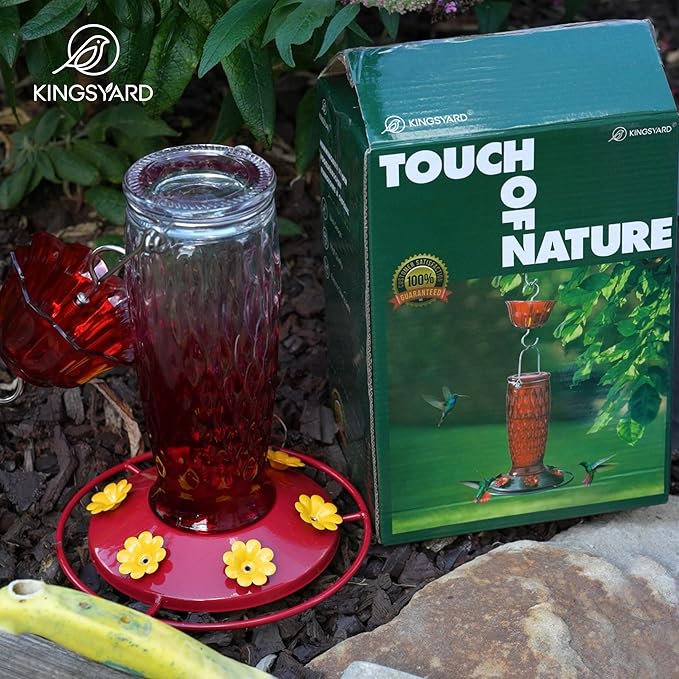 Kingsyard Hummingbird Feeders for Outdoors Hanging, 24 Ounce, Glass Hummingbird Feeder with Ant Moat & 6 Bee Guard Feeding Ports, Leak-Proof, Red Gradient