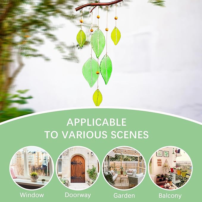Glass Wind Chimes for Outside,Unique Handmade Windchimes Outdoors with Stained Glass Leaves for Home Window Garden Yard Patio Decor Ornament for Christmas Tree,Green 20"