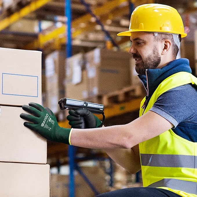 KAYGO Work Gloves for Men and Women,12 Pairs Seamless Knit PU Coated Safety Gloves, with Smooth Grip on Palm and Fingers, Ideal for Light Warehouse, Manufacturing, Gardening, KG11P (M,Dark Green)