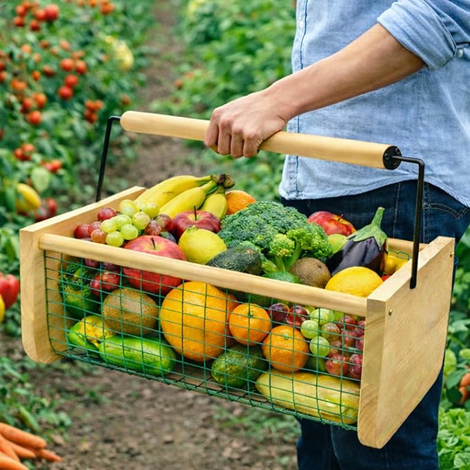 Garden Hod Harvest Basket, 16 x 10 x 7in Gardening Harvest Baskets with Wood Handle, Solid Wood with PVC Wire Mesh, Garden Baskets for Gathering Vegetables
