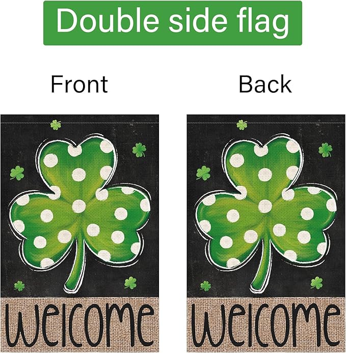 Louise Maelys St Patrick's Day Garden Flag Shamrock Welcome Double Sided 12x18 Inch Small Burlap Happy Spring Holiday Yard Outdoor Outside Home Decoration Sign