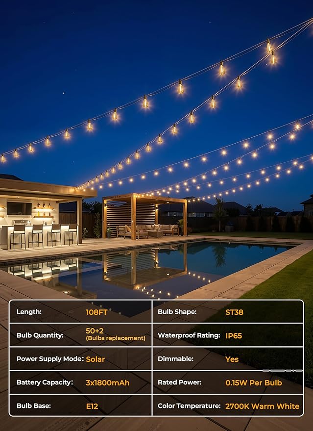 Brightown 108FT 50 LED Solar String Lights Outdoor Waterproof, Patio Lights with Remote, Dimmable & Timable, 3 Light Modes, Solar Lights Outdoor for Yard Camping Party Outside