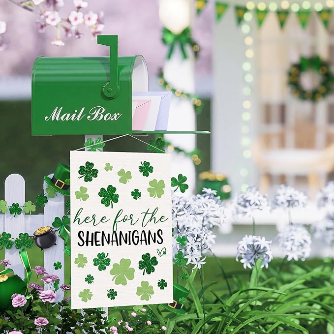 St Patricks Day Garden Flag 12x18 Inch Double Sided Outside, Here For The Shenanigans Shamrocks Clovers Burlap Flag Decorations Outdoor Yard Decor