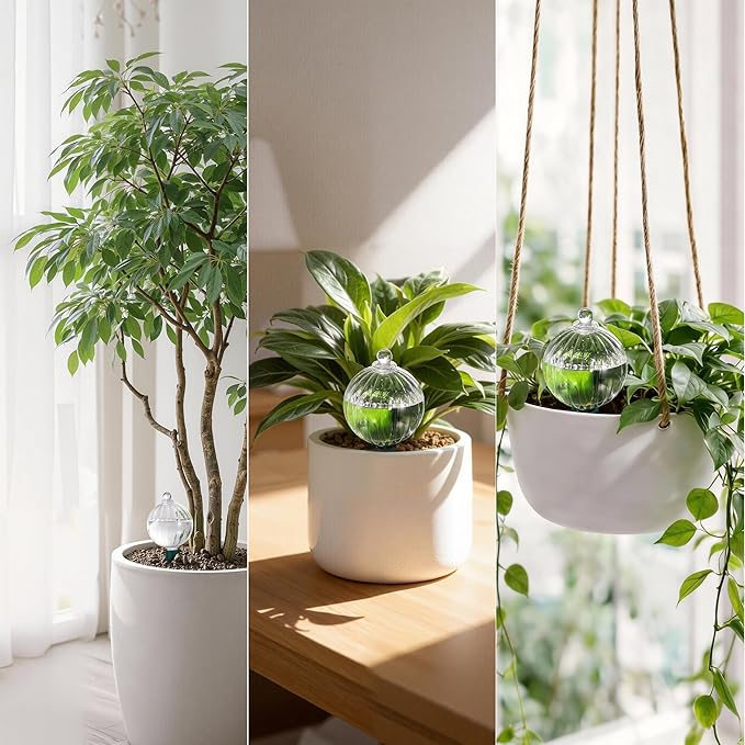 12 oz Plant Watering Globes Top Fill, Clear Glass Water Bulbs with Terracotta Spikes Stake, Vacation Slow Release Self Watering Planter Insert, Automatic Drip Device, 4 Pack