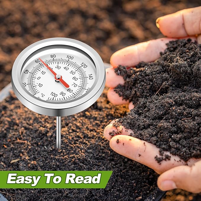 Compost Thermometer 39.4 Inch Stem Composting Soil Thermometer Waterproof Soil Temperature Thermometer, Fahrenheit and Celsius, Stainless Steel, with Composting Temperature Guide