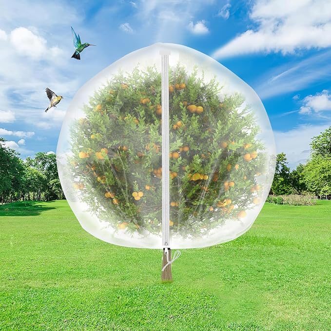 2 Pack Fruit Tree Netting Cover with Zipper and Drawstring, 6.6 x 6.6 Ft Bird Mesh Netting Barrier for Blueberry Bushes, Garden Plant Net Tree Protection Netting Cover for Apple Vegetables Fruits