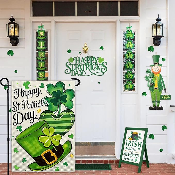 Happy St Patrick'S Day Garden Flag 12×18 Double Sided Shamrocks Garden Flag Clover Hat Gold Coins Flag for Outside Yard House Lawn Outdoor Holiday Sign Decor
