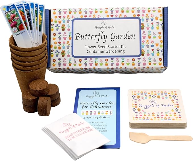 Butterfly Garden Flower Seed Starter Kit- Grow 6 Types of Wildflower Seeds Sized for Flower Pots- Nasturtium, Zinnia, Cosmos, Dwarf Sunflower, Baby Snapdragon and Candytuft