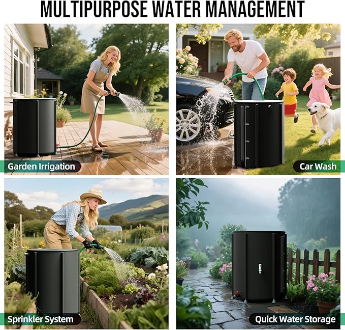 Collapsible Rain Barrel Water Collection System - 53 Gallon Portable Water Storage Tank,Foldable Rainwater Collect System Downspout, Water Catcher Container with Filter, Spigots&Overflow Kit,Black