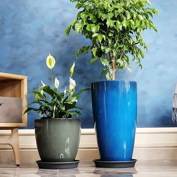 24,21,11 Inch Large Plastic Planters with Drainage Hole and Saucer - Set of 3 Tall Plant Pots Indoor Flower Pot Tall Round Planters Outdoor Large Tall Planter