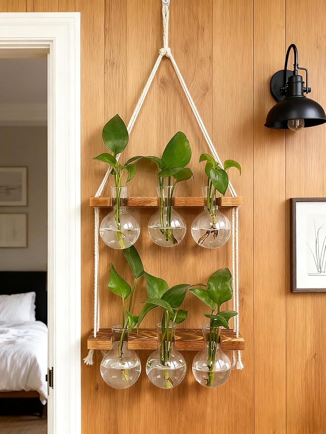 Plant Propagation Station Wall Hanging, Plant Terrarium with 2 Tiered Wooden Stand for Hydroponics Plants, Unique Gardening Gifts for Women Mom Plants Lovers - 6 Bulb Glass Vases