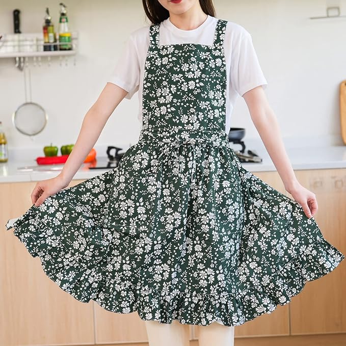 Vintage Pinafore Apron Dress for Women with Pockets Cute Floral Chef Aprons for Kitchen Cooking Baking Gardening