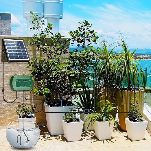 Solar Automatic Watering Kit for Garden, Automatic Drip Watering System with 15 m Watering Hose, Automatic Watering Timer for Holidays, Balconies, Flower Pots, Plants
