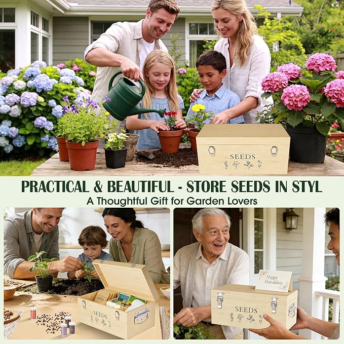 Bamboo Seed Storage Box, Large Garden Seed Organizer with Lid & Safety Lock & Handles, Seed Box Storage Organizer Includes Seed Envelopes and Labels etc, Great Gifts Gardening Kit (Wood)