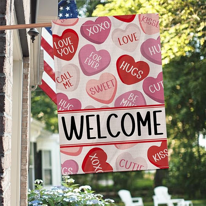 Valentines Day Garden Flag 28x40 Inch Double Sided, Love Hearts Welcome Valentine Decorations Burlap Garden Flags Rustic Anniversary Yard Outdoor Farmhouse Outside