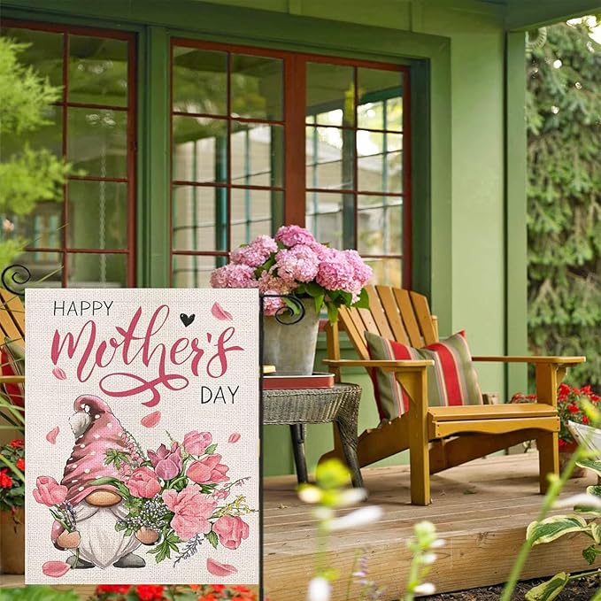 Mother's Day Garden Flag 12x18 Inch - Cute Gnome with Pink Flower Bouquet, Double-Sided "Happy Mother's Day" Outdoor Decor for Patio Yard Mom Gifts