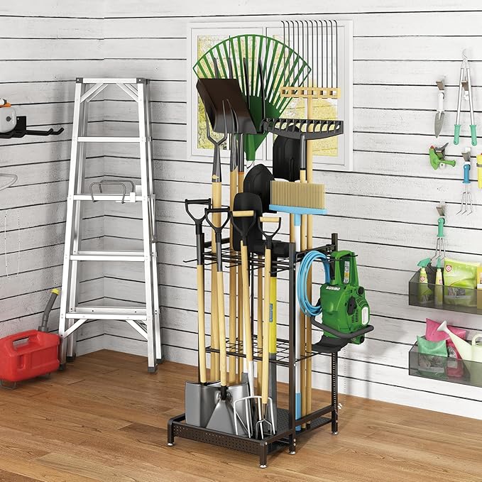 GILLAS Garden Tool Organizer for Garage, Utility Storage Racks with Hooks, Metal Yard Tool Stand Holder Organizer for Long-Handled, Broom, Shovel, Rake, Sturdy Heavy Rack for Outdoor, Yard, Black