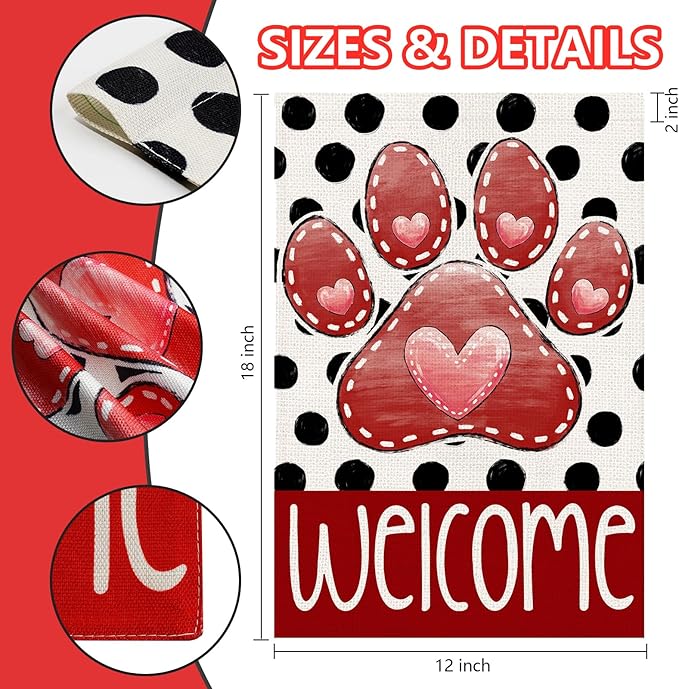 Valentines Garden Flag 12x18 Inch, Paw Print Heart Double Sided Flag for Anniversary Wedding Yard Outdoor Decoration