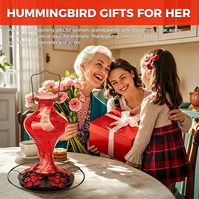 Glass Hummingbird Feeder for Outdoors Hanging, Bird Nectar Feeder with Perch & 5 Flower Feeding Ports, 20 Oz Leak Proof for Outside Garden Decor Backyard, Gifts for Women Mom, Red