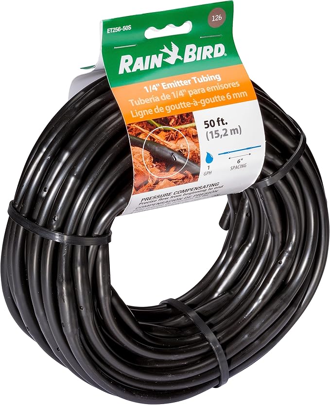 Rain Bird Emitter Tubing, 1/4" | Pressure Compensating | 6" Spacing | 50 ft Roll | Brown