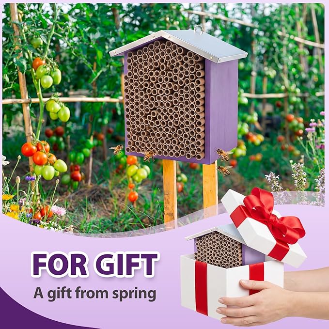 Vicenpal Mason Bee House with Tubes Native Bee Boxes Hive Wooden, Pollinator House Waterproof, Wax Coated Tall Insect Hotel, Butterfly, Ladybirds, Beneficial Insect Habitat, Bug Hotel Garden