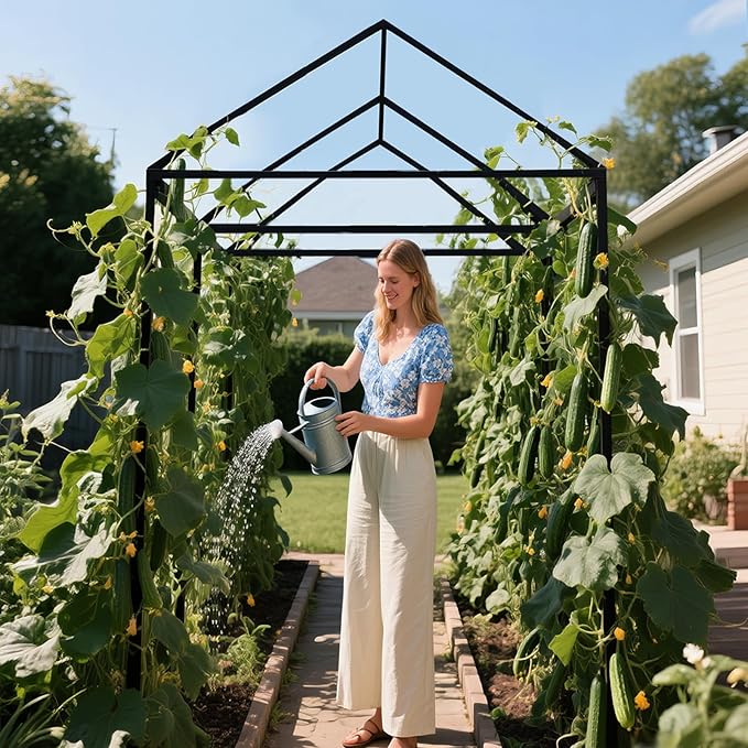 Metal Garden Arch Trellis for Climbing Plants Outdoor, 7.1FT Extra Tall Cucumber Trellis for Raised Bed, Plant Trellis for Vegetable Fruit Flower Vine(Black)