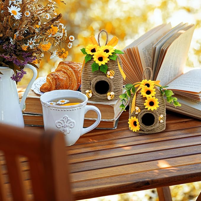 Sunflowers Bee Hive Decor, 2 Pack Farmhouse Honey Comb Bee House Decorations, Spring Summer Rustic Sunflowers Bees Themed Decorations for Home, Farmhouse Bees Kitchen Table Tiered Tray Decor
