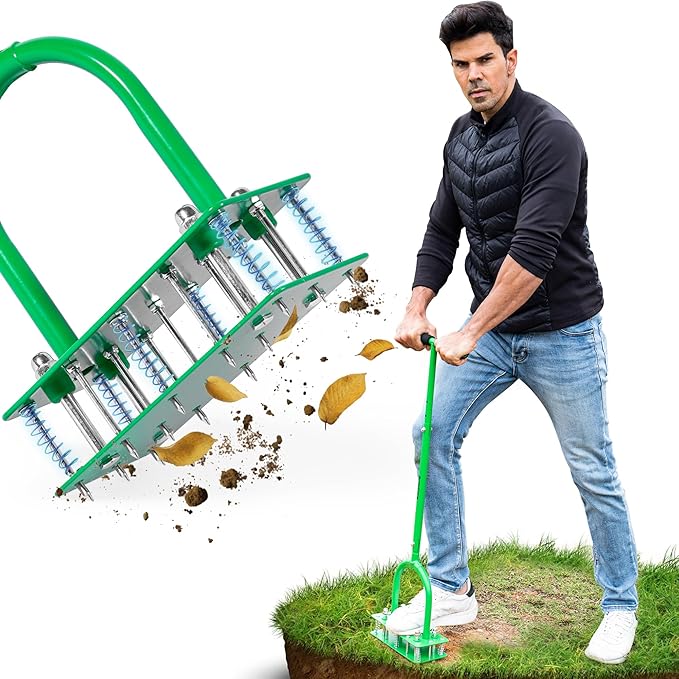 GrdnCare Aerator Lawn Tool with 15 Iron Spikes, 6-Spring Self-Cleaning Heavy-Duty Lawn Aerator Tool -Automatic Reset & Dirt/Leaf Clean System for Soil Loosening & Dethatching in Yard, Patio & Garden