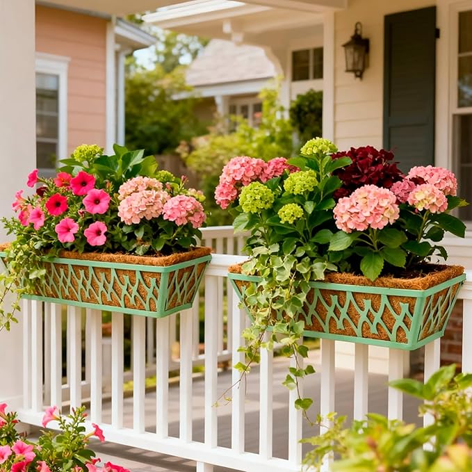 2 Pack 24 Inch Window Boxes Planters Railing Planter Box with Adjustable Brackets for Porch Fence Patio Balcony Hanging Flower Baskets with Coco Liners for Outdoor Garden Decor - Green