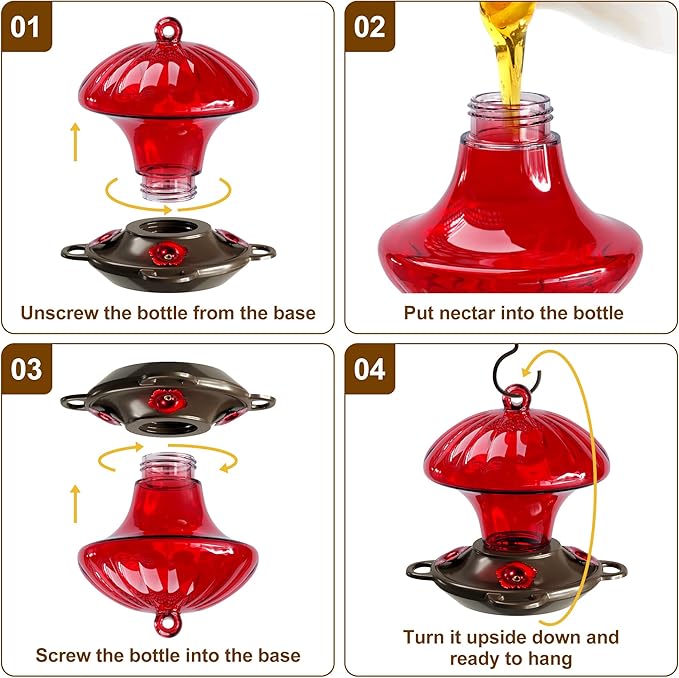 Hummingbird Feeder, Auslar 15 Ounces Glass Hummingbird Feeders for Outdoors Hanging Ant and Bee Proof, Ant Moat & 4 Flower Feeding Ports, Rustproof, Leakproof, Mushroom Shape, Red