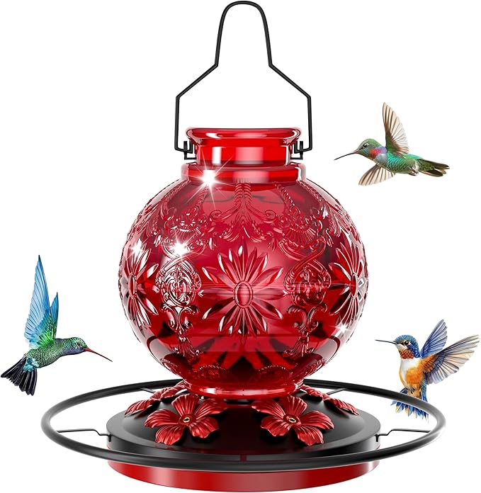Glass Hummingbird Feeder for Outdoors, 25Oz Large Decorative Hanging Hummingbird Feeder, Leak Proof Durable Wild Bird Feeders, Hummingbird Gifts for Women & Mom, Garden Decor Window Feeder, Red