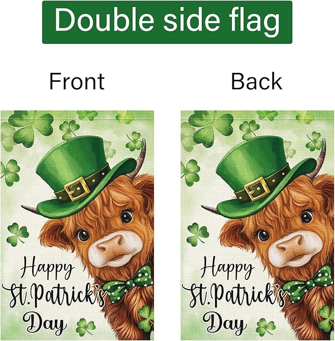 Louise Maelys Happy St Patrick's Day Garden Flag Highland Cow Clover Shamrock 12x18 Inch Double Sided Welcome Small Burlap Saint Patricks Spring Holiday Yard Outdoor Outside House Decor