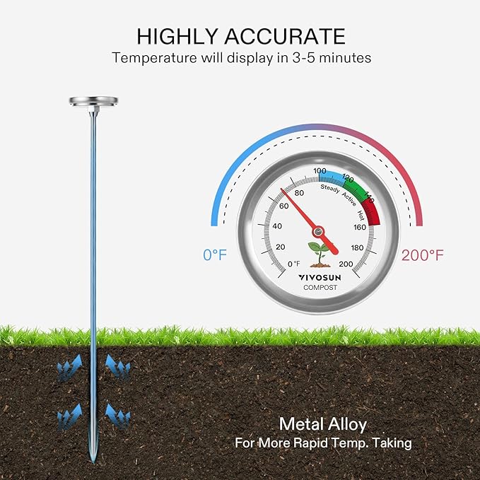 VIVOSUN 300 Gallon Outdoor Compost Bin and Compost Thermometer, 20 Inch Backyard Soil Thermometer with Stainless Steel Dial for Composting Bins, Outdoor Gardening and Planting (0-200°F)