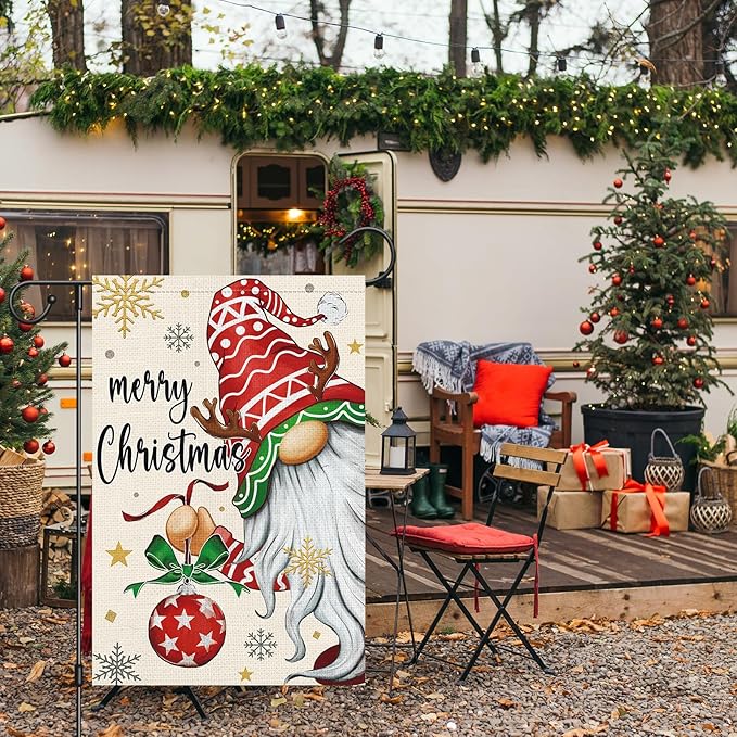 Heyfibro Merry Christmas Gnome Garden Flag 12x18 Double Sided Burlap, Christmas Ball Snowflake Garden Yard Flags for Winter Holiday Xmas Yard Outdoor Decoration(ONLY FLAG)