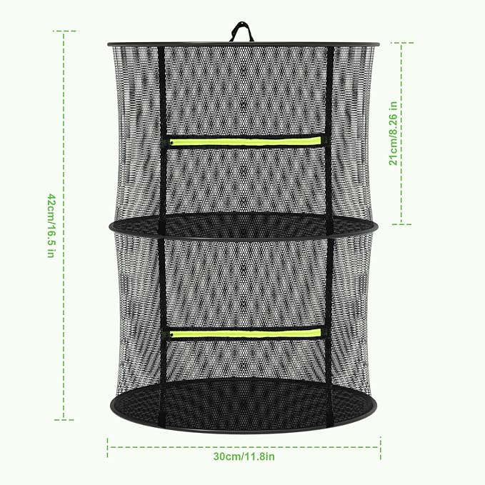 2 Layer Herb Drying Rack, Collapsible Mesh Drying Rack, Small Hanging Drying Net with Green Zipper & Hooks, Indoor Outdoor for Drying Herbs, Socks, Underwear, Seafood & Camping Food (11.81")