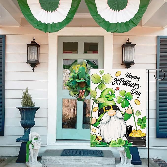 Artofy Happy St Patricks Day Gnome Small Decorative Garden Flag, Pot of Gold Lucky Shamrock Clover Yard Lawn Outside Decor, Irish Spring Burlap Outdoor Home Decoration Double Sided 12 x 18