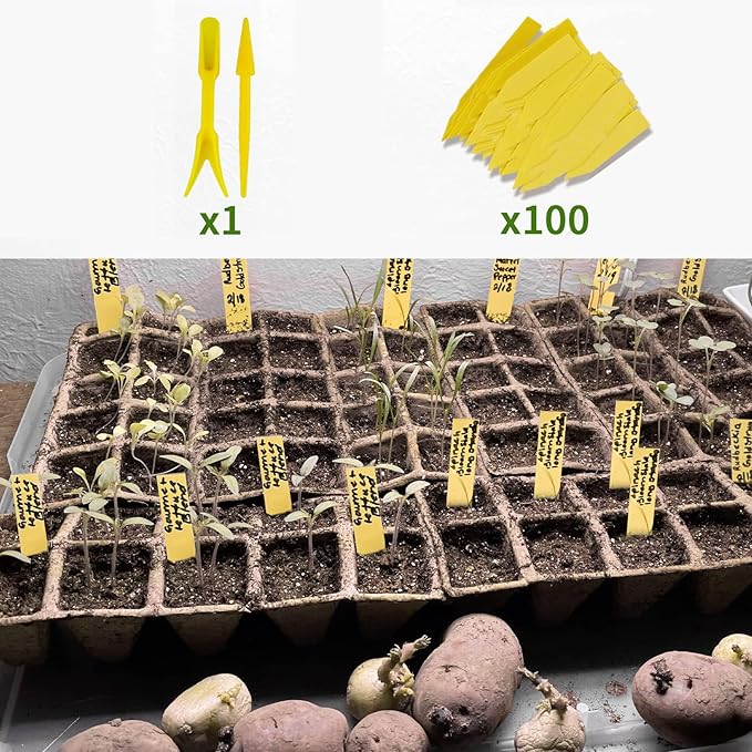 SYITCUN Seed Starter Tray 100 Cells, Biodegradable Peat Pots for Seedlings, 10 Pack 1.8" Square Pulp Nursery Cups with 100 Plant Labels and 2 Transplant Tools for Vegetable Herb