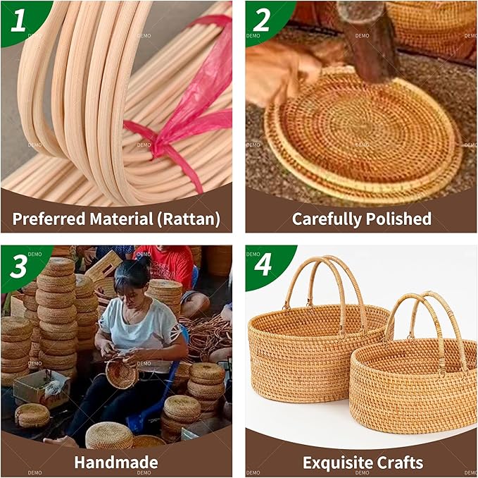 Handwoven Rattan Picnic Basket Sturdy Handles, Oval Storage Organizer for Camping, Wedding, Home, Kitchen(13.8"×10.2"×5.1")