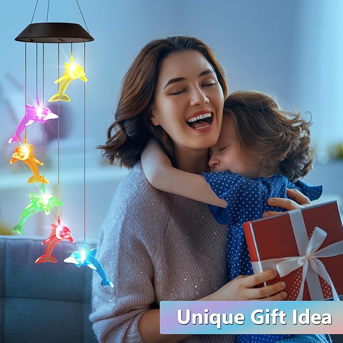 Solar Dolphin Gift for Mom Grandma Girls, Color Changing Wind Chimes for Outside, Solar Outdoor Decorative Mobile Lights for Garden, Yard, Patio, Window, Party, Christmas Decorations