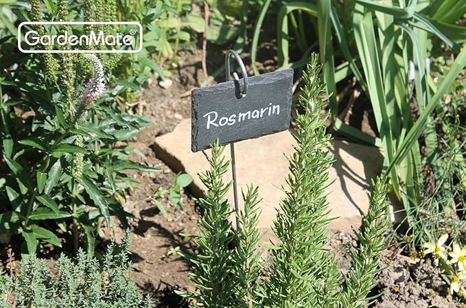 GardenMate 5-Pack Natural Style Slate Plant Labels (4"x 2 3/4") Hanging from a Stainless Steel Metal Rod (17")