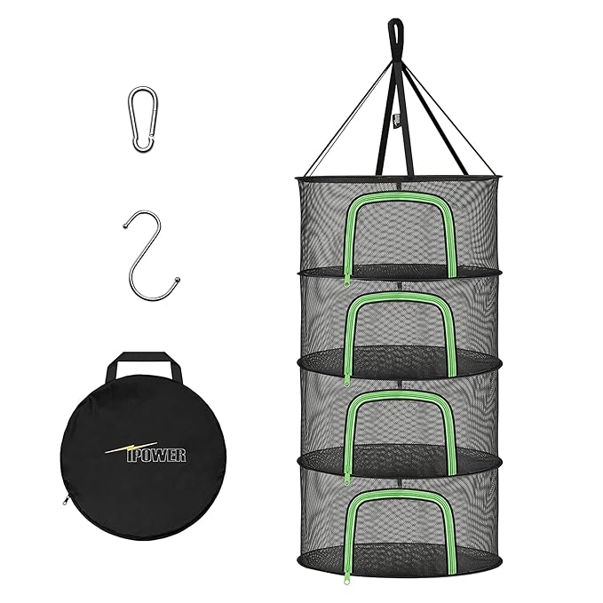 YSSOA Herb Drying Rack Hanging 4 Layer 24'' with U-Zippers & Hook, Dry Mesh Folding Basket Dryer for Plants, Herbs and Buds in Grow Tent, Closet, Hydroponics, Garden Outdoor