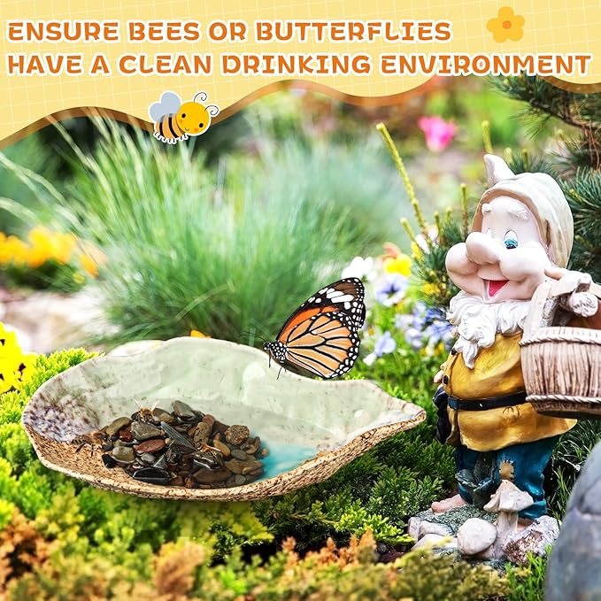 Butterfly Watering Station Outdoor Bee Feeder Watering Butterfly Puddler Stone with Mineral River Rock, Lawn Decoration Insects Ceramic Bowl, Bee Water Station Home Yard Garden