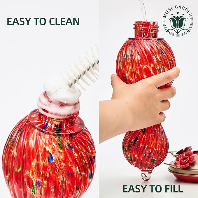 Hummingbird Feeder for Outdoors Hanging, Hand Blown Glass 24 OZ Capacity Hummingbird Bird Nectar Feeders with 4 Feeding Ports, Gifts for Women Mom Outside Garden Backyard Decor (Red-Green)
