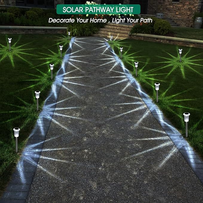 Solar Outdoor Lights, 10 Pack Waterproof Stainless Steel Solar Stake Lights for Pathway Garden Yard Path Walkway Driveway Lawn Patio Outside Decor, Cool White