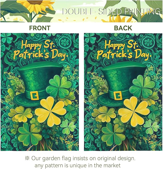 Happy St. Patrick's Day Shamrock Garden Flag Double Sided 12 x 18 Inch Green Hat with Clovers Decorative Garden Yard Flags for Home Decor