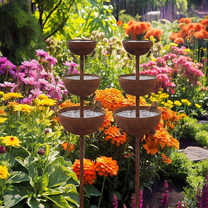 LemonRoad 2 Pack Rusty Metal Bee Watering Station 3 Tiered Bowl Shaped Butterfly Water Feeder Bee Bath Water Catcher Cup Garden Stakes for Small Insects Outdoor Garden Decor(Brown,Bowl)