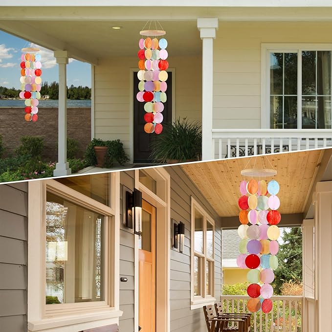 Wind Chimes for Outside - Handcrafted Light Colorful Capiz Shells Windchime Coastal Style Decor for Indoor/Outdoors, Garden Decor, Great Gift for Women, Wind Chimes Lovers and More
