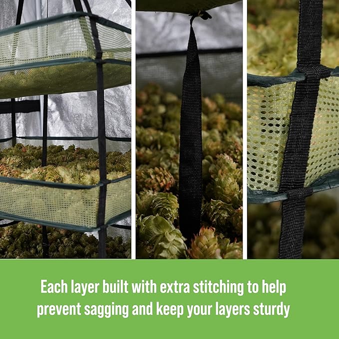 Grow1 Large Square Drying Rack 6-Layer 24x24in Collapsible Mesh Herb and Flower Hanging Dryer with Carrying Case and Center Support Strap