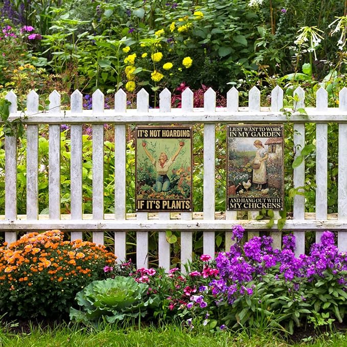 Funny Garden Sign – I Just Want to Work in My Garden and Hang Out with My Chickens | 12x8″ Vintage Metal Sign for Outdoor Decor - Gardening Gift for Women Chicken & Plant Lovers, 2486